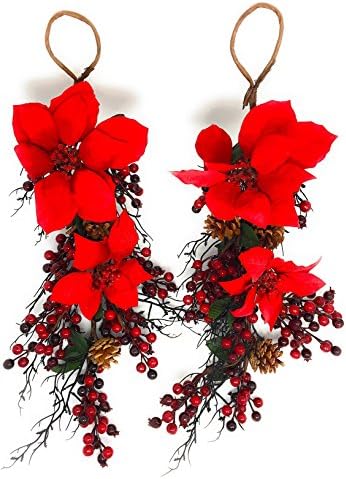 Teardrop Swag Red Poinsettia Berries Pinecones Christmas Fall 25” x 9” Set of 2 (Poinsettia)