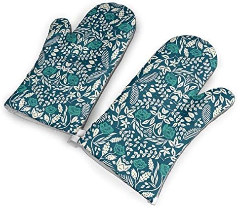 Teal, White, and Blue Flowers Oven Mitts - Heat Resistant to 500?? F,1 Pair of Non-Slip Kitchen Oven Gloves for Cooking,Baking,Grilling,Barbecue Potholders