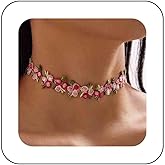 Sttiafay Boho Flower Lace Choker Necklace Pink Rose Choker Chain Vintage Floral Choker Collar Jewelry for Women Teen Girls