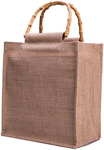 LINJING Fashion Burlap Tote Shopping Bag with Bamboo Handle,Reusable shopping bag， Linen Handbag Storage Bag gift bags for Women(Medium)