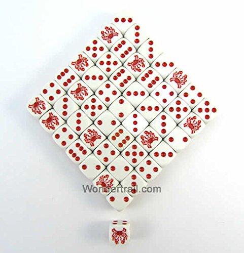 Crab Dice D6 White Opaque with Red Pips 16mm (5/8in) Set of 50 Dice Koplow Games