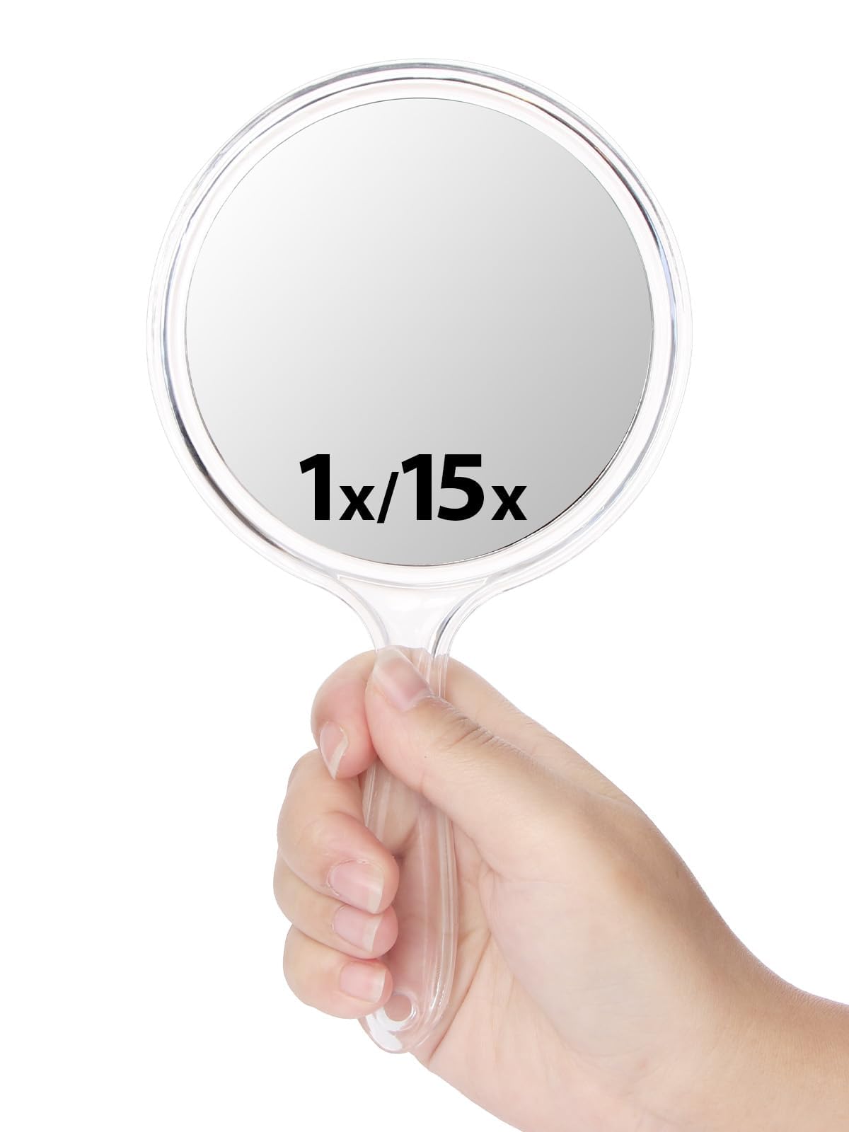 Photo 1 of Macaki Double-Sided Handheld Mirror with 1X/15X Magnification, Perfect for Travel and Makeup, 8.3" L x 4.5" W(Transparent White, 1PC)