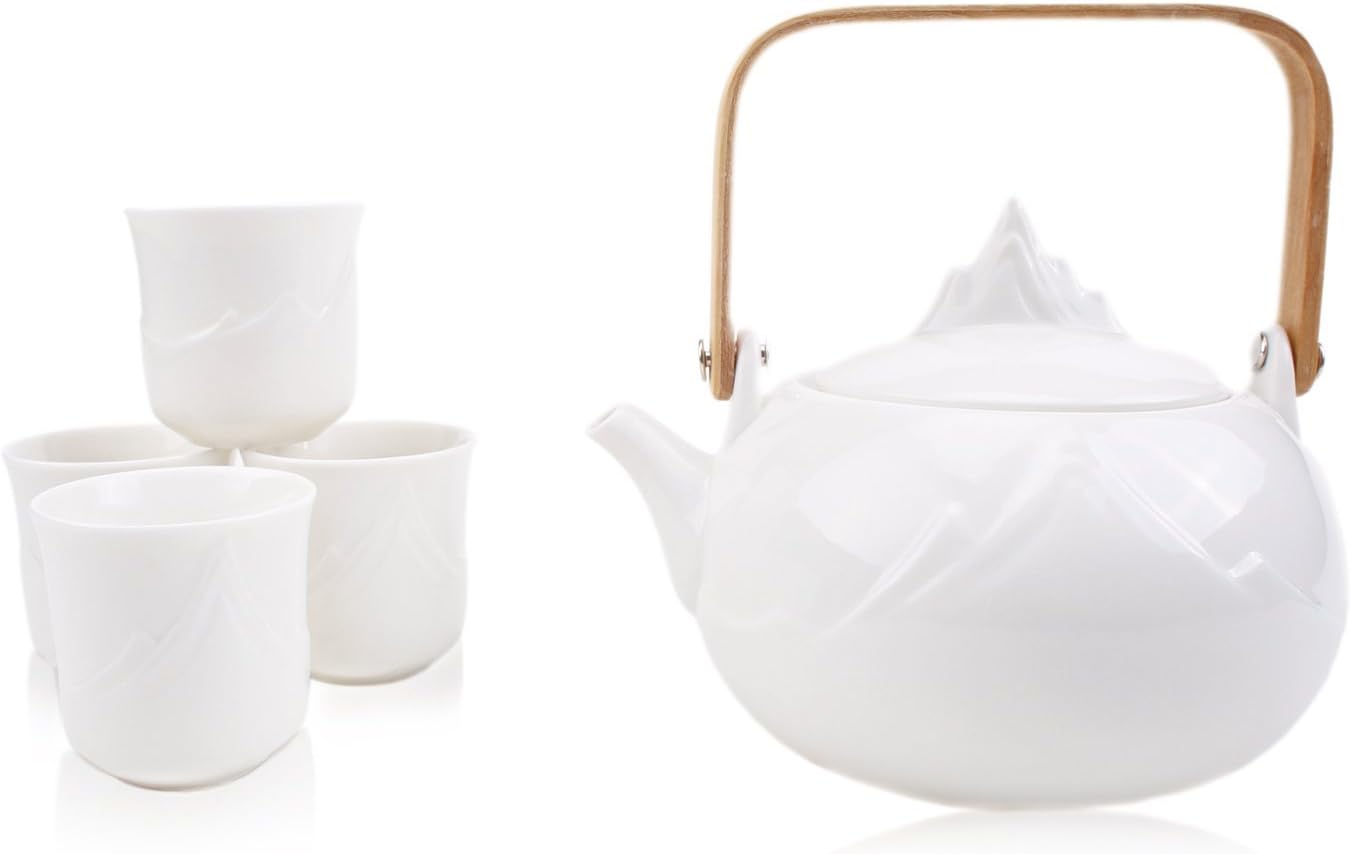 Japanese White Porcelain Tea Set with Wooden Handle, 5-Piece Teapot and Cups Set of 4
