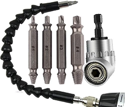 Screw Extractor Remover Drill Bits Set for Remove Broken Screw, Fluar 105°1/4" Right Angle Drill Adapter attachment , 1/4" Flexible Shaft Extension Screwdriver Drill Bit