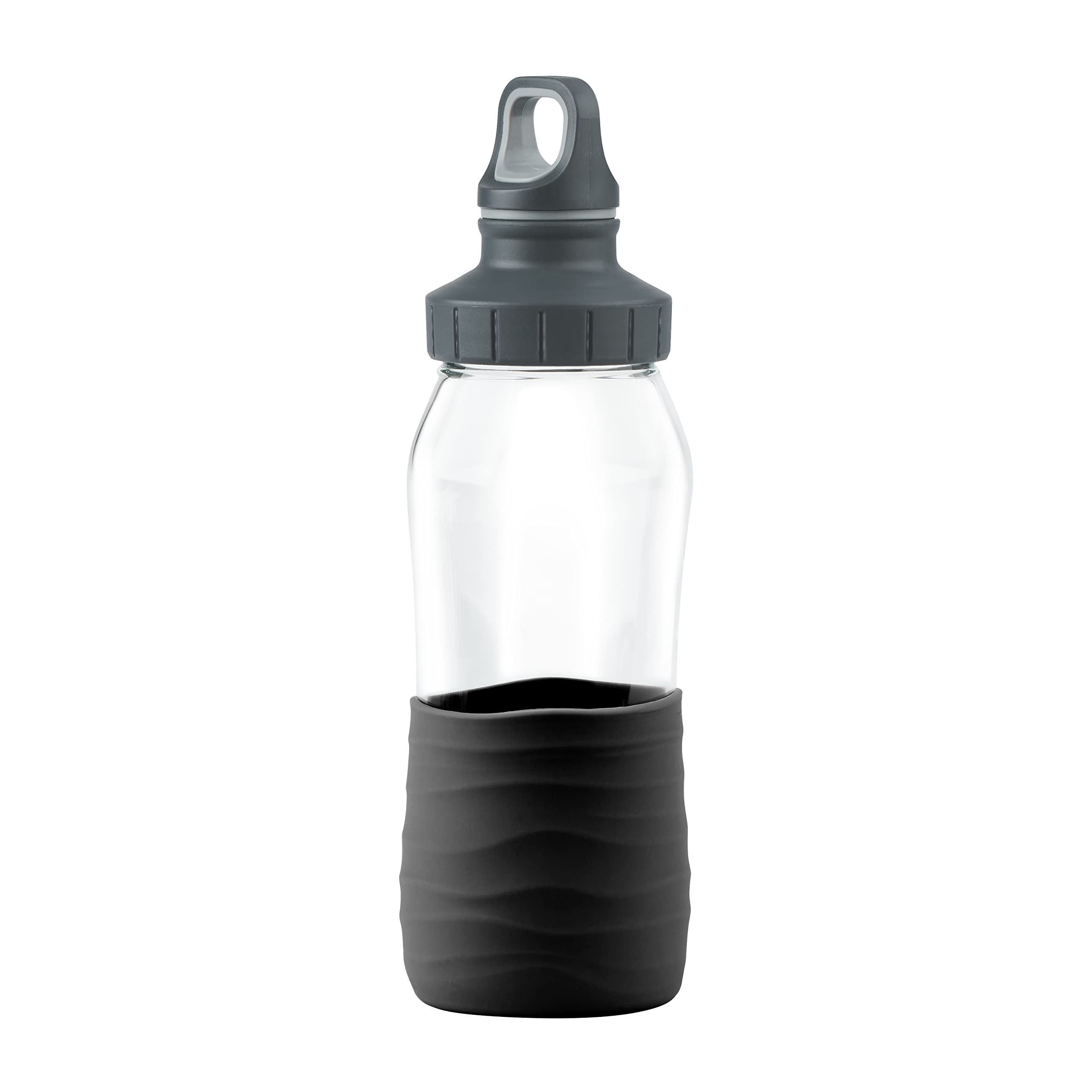 Emsa N31009 Drink2Go Glass Drinking Bottle, 0.5 L, Screw Cap, 100% Leak-Proof, Hygienic/Pure, Silicone Sleeve, Black
