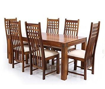 Nisha Furniture Sheesham Wooden Dining Table Set | Dining Table Set with 6 Chairs | Home Dining Room Furniture | Natural Brown