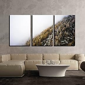 3 Piece Canvas Wall Art - Landscape of Trees and Mountain Surrounded by Fog - Modern Home Art Stretched and Framed Ready to Hang - 16"x24"x3 Panels