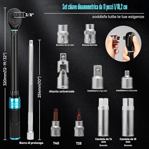 SHALL 11 Pcs 3/8" Torque Wrench Set (5-60Nm) Dual Direction Adjustable 72 Teeth Car Motorcycle Maintenance Tool with Extension Rod and Storage Box