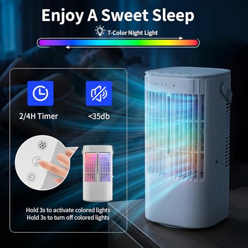 Portable Air Conditioner,1000ML Air Conditioning with Quiet Cool Mist, 7-Color Night Light, 120° Oscillation & Timer, for Bedroom, Car, Office