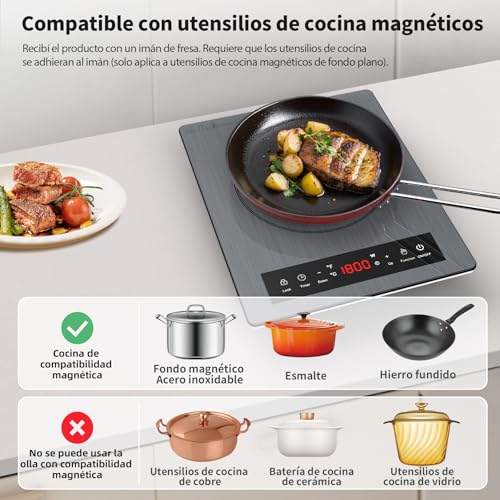 VBGK Portable Induction Hob, 1800W Portable Vitro, 10 Heating Levels, Adjustable Power and Temperature, Timer, Child Lock, Touch Controls, Easy Cleaning