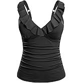 Tempt Me Women Tummy Control Tankini Top - V Neck Bathing Suit Flounce Ruffled Swim Top Only 2025