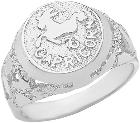 Solid 925 Sterling Silver Capricorn Zodiac Sign Band Nugget Men's Ring
