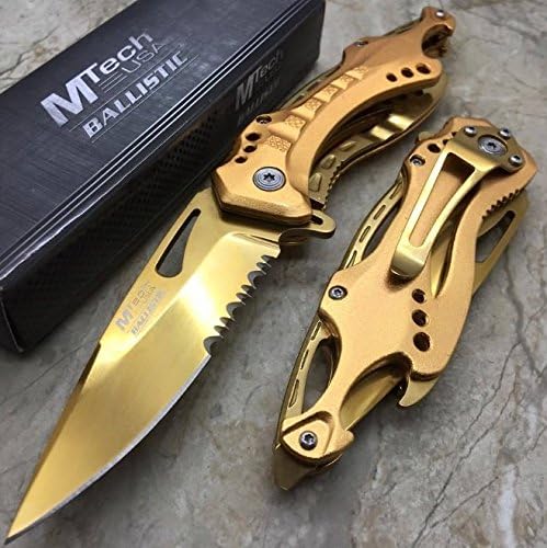 Bacchus Star M-Tech Spring Assisted ALL GOLD TI-Coated Aluminum Tactical Rescue Pocket Knife!