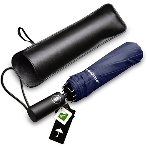 Bodyguard Windproof Travel Umbrella, 10 Ribs Folding Umbrella with Teflon Coating, Auto Open and Close Compact Umbrella with Gift Leather Case
