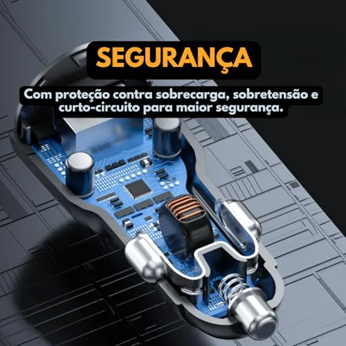 Carregador Veicular Turbo 60W Pro, Kit com Cabo USB-C. Duas portas USB 3.0 + USB-C, Led, Carregamento Rápido 9.1A Fast Charge Carro/Automotivo Compatível com IOS e Android – Premium (Preto)