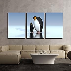 3 Piece Canvas Wall Art - Fun Penguins - Modern Home Art Stretched and Framed Ready to Hang - 16"x24"x3 Panels