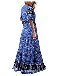 GIKING Mujer Boho Floral Impreso Manga corta Cuello en V Botón Alto Bajo Bajo Vestidos largos