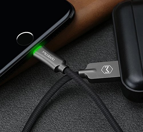 Smart LED 6FT/1.8M Auto Disconnect Lightning nylon Braided Sync Charge USB Data Cable For iPhone 7/7 Plus, 6/6 Plus, 6s/6s Plus, 5s/5c/5, iPad Pro/Air 2, iPad mini 4/3/2, iPod (6FT Dark Gray)