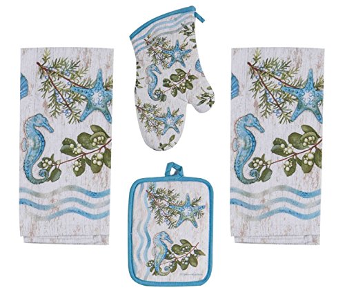 4 Piece Ocean Tide Kitchen Bundle / Set - 2 Terry Towels, Oven Mitt, Potholder