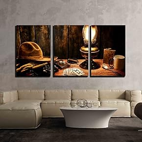 3 Piece Canvas Wall Art - American West Legend Cowboy Worn Hat ATOP Gloves and Gun - Modern Home Art Stretched and Framed Ready to Hang - 16"x24"x3 Panels