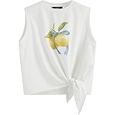 CIDER Women's Sleeveless Tank Tops Loose Fit Tie Front Fruit Print Cute Crew Neck Crop Tops Casual Trendy Summer Outfit