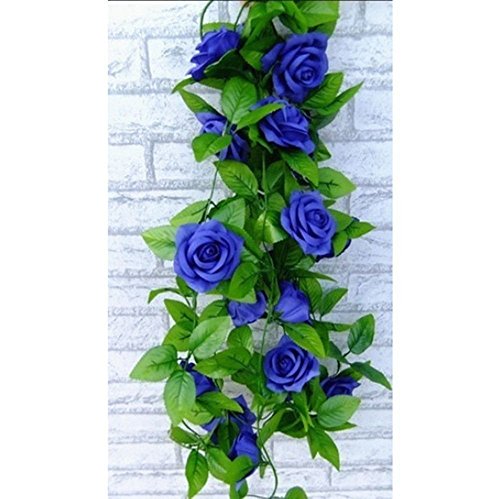 StillCool 8ft Rose Garland Artificial Rose Vine Silk Floral Flower Garland Green Leaf Flowering Vine Home Decor Wedding Decoration (Dark Blue)