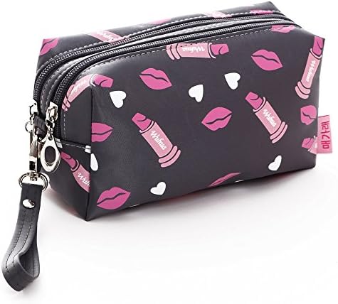 Waterproof Fabric Cosmetic Bags Portable Travel Double Layer Makeup Organizer Clutch Bag with Double Zipper,Grey
