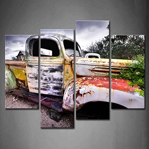 4 Panel Wall Art Wide Angle Shot Of Old Rustic Truck Under Black Sky Painting The Picture Print On Canvas Car Pictures For Home Decor Decoration Gift Piece (Stretched By Wooden Frame,Ready To Hang)