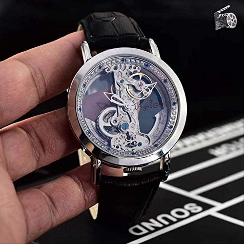 HHGDSB New Men Automatic Mechanical Watches Silver Gold Diamonds Waterproof Transparent Glass Skeleton Black Leather AAA+