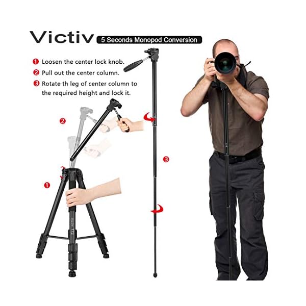 Victiv stativ Kamera 182 cm Aluminium Kamerastativ Einbeinstativ T72 Tripod- Leicht und Kompakt Reisestativ für unterwegs mit 360° Panorama Kugelkopf und 2 Schnellwechselplatte für DSLR - Schwarz – Bild 6