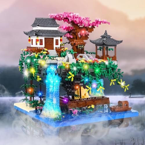 Charmofun 3320pcs Mini Building Bricks, Classic Chinese Garden Building Bricks Set with LED, Peach Blossom Pool Chinese Architecture, Creative STEM Gift for Kids and Adults