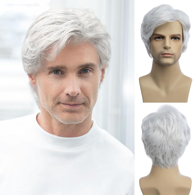 Baruisi Mens Short White Wig Synthetic Heat Resistant Natural Halloween Cosplay Hair Wig,White