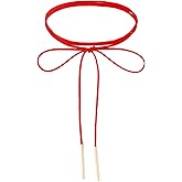 LIQWEI Gothic Bow-knot Velvet Choker Necklace, Red Sexy Long Wrap Choker Necklace with Gold Tube Pendant Gothic Boho Velvet Choker for Women Party Prom Neck Accessories