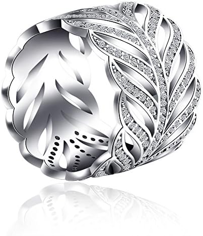 Faenlior Vintage Style Cubic Zirconia Wide Band Eternity Statement Cocktail Ring 18k White Gold Plated Fashion Feather Ring, Size 6-9 (9)