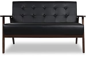 JIASTING Mid-Century Modern Solid Loveseat Sofa Upholstered Faux Leather Couch 2-Seat Wood Armchair Living Room/Outdoor Lounge Chair,50”W Black