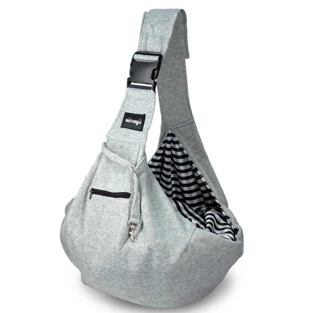 NATUYA Pet Sling Carrier Small Dog Sling Cat Carrier Bag Adjustable Strap Hands-free Sling Pet Dog Cat Carrier Bag with Front Zipper Pocket Safety Belt for Outdoor Traveling Subway (Gray)