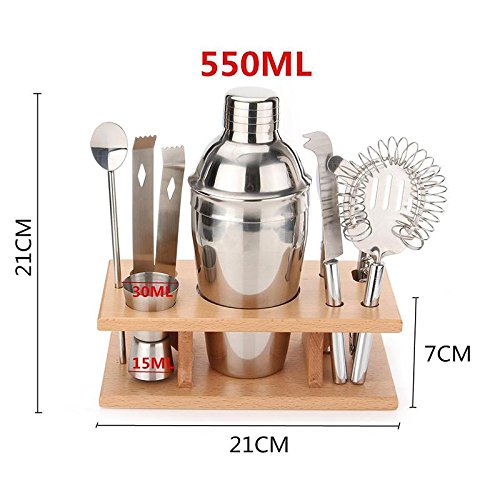 WXLAA Stainless Steel Cocktail Shaker Mixer Drink Bartender Martini Tools Bar Set Kit with Wood Stand 550ML