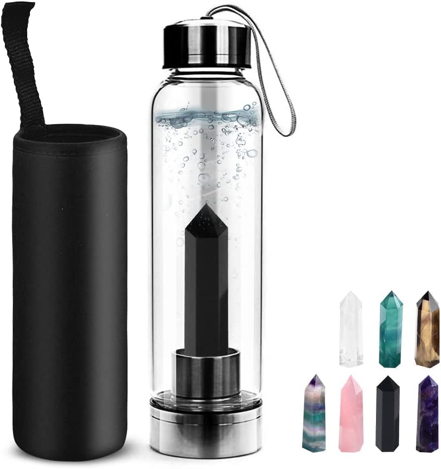 HINATAA Crystal Water Bottle, Removable Natural Crystal Gemstone Glass Bottle, Portable Proof Leak Natural Quartz 550ml (Obsidian)