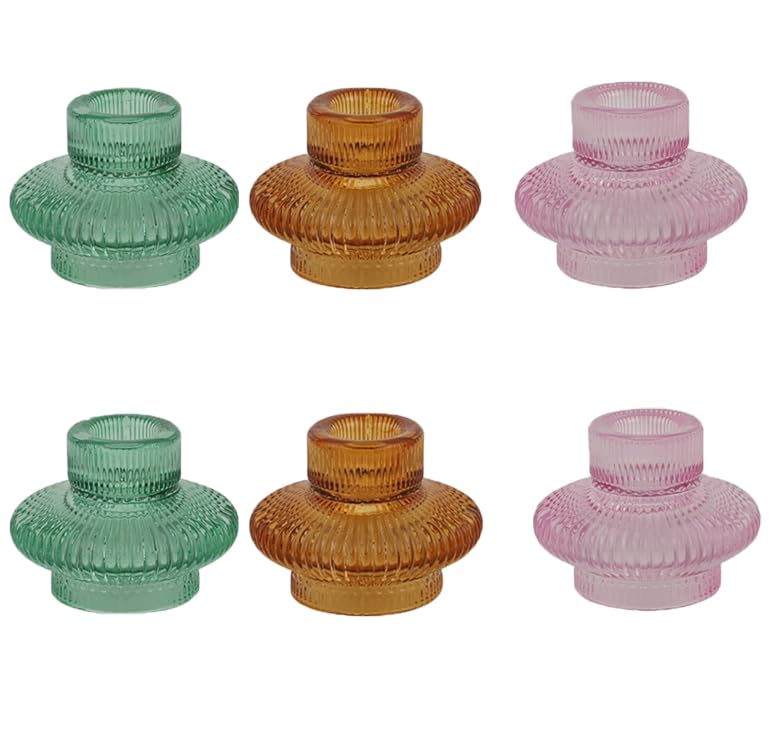 FLCSIed Glass Candle Holders - Set of 6 Mixed Colour Taper Tea Light Holders, Stackable for Table Centerpiece, Thanksgiving & Christmas