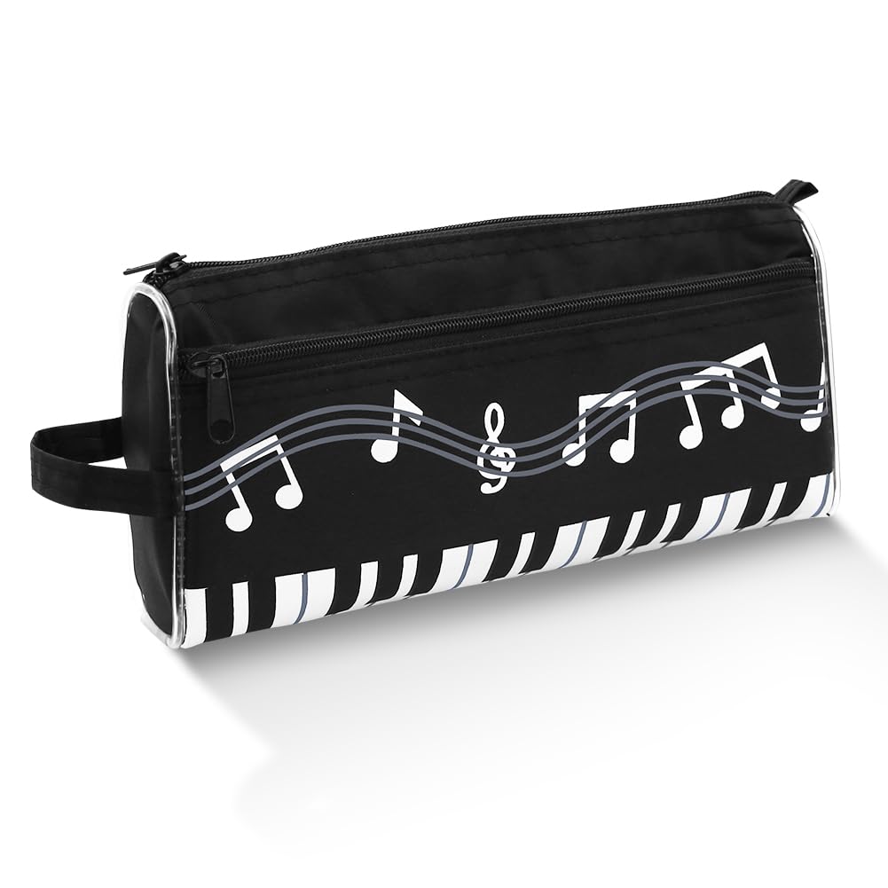 Boerni Large Music Themed Pencil Case,Double Pocket Black Keyboard Pencil Bag Musical Notes Melody Zipper Make Up Cosmetic Bag Pouch for Teen Kid Office School Student Teacher Stationery Gift