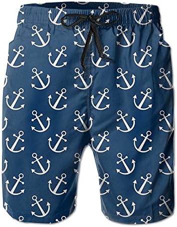 Vdha Summer Mens Board Short Blue Anchor Pattern Elastic Waist With Pockets Swimwear Casual Shorts Boys Beach Boardshort M