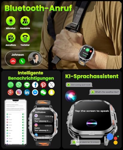Joautrial Men's GPS Smart Watch, 2.13 Inch AMOLED Military Smartwatch with LED Flashlight, Barometer, Compass, 100+ Sports Modes, Bluetooth Calls, 3ATM Waterproof for Android iOS (Black)