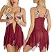 Lingerie for Women Front Closure Babydoll Lace Chemise V Neck Mesh Sleepwear Wine
