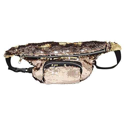 YuKing Unisex Mermaid Sequins Fanny Waist Pack Double Color Beach Waist Bag Casual Sport Outdoor Travel Crossbody Bags (Champagne/Gold) - Thumbnail 4