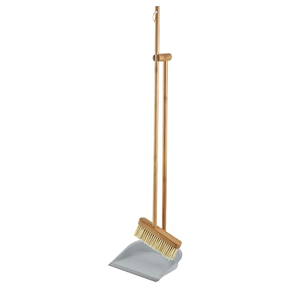 Addis Long Dustpan and Brush Set Bamboo Handles, Natural & Grey, Wood