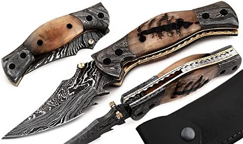 GE-54 Custom Handmade Damascus Pocket Folding Knife - Ram Horn with Damascus Steel Bolster