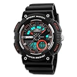 Men's Sports Watch Dual Time Quartz Analog Watch Military Time Unique Digital Alarm Stopwatch Fashion Led Dress Watch Athletic Cheap Wrist Watches on Sale 50M Waterproof for Kids Boy Children- Black