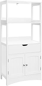 VASAGLE Gabinete de Baño con Cajón, Estantería Alta para Baño, Mueble de Baño Auxiliar con 2 Estantes Abiertos y Armario de Doble Puerta, para Entrada, Cocina, Sala de Estar, Blanco, BBC64WT 