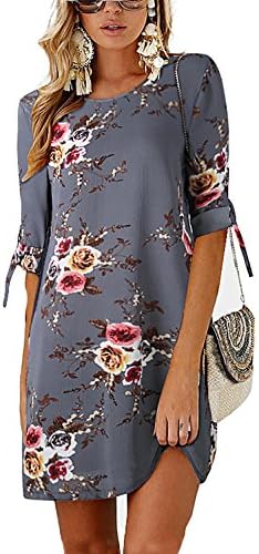 Minipeach Women's Summer Round Neck Printed Casual Short Strap Mini Dress,Medium,Gray