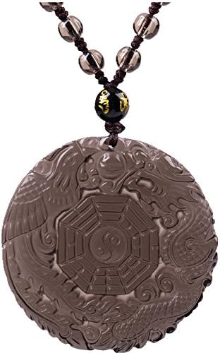 MOHICO Ice Obsidian Pendant Necklace Engraving Dragon and Phoenix Pattern with Bead Glass Bead Chain